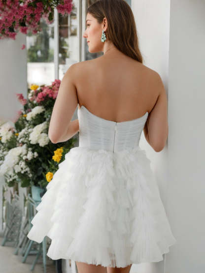 Strapless Sleeveless Mini A-Line Princess Wedding Dress Featuring Ruffles