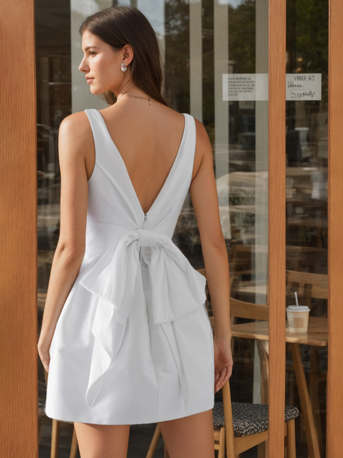Sleeveless Mini A-Line Wedding Gown With Deep V-Neck and Bowknot
