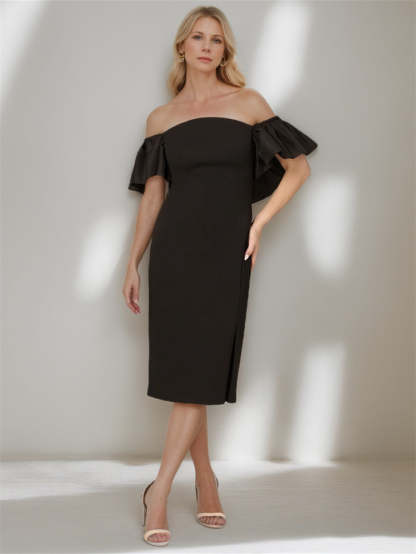 Pure Color Off-the-Shoulder Tea-Length Wedding Dress with Sheath/Column Silhouette