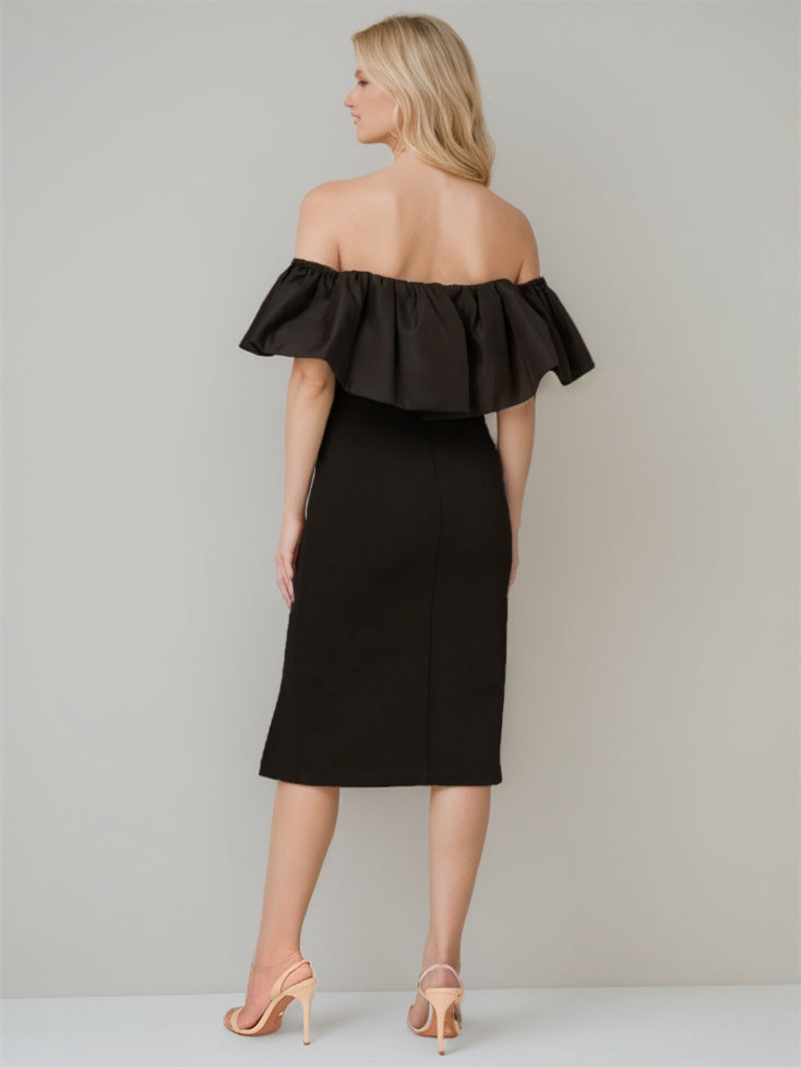 Pure Color Off-the-Shoulder Tea-Length Wedding Dress with Sheath/Column Silhouette