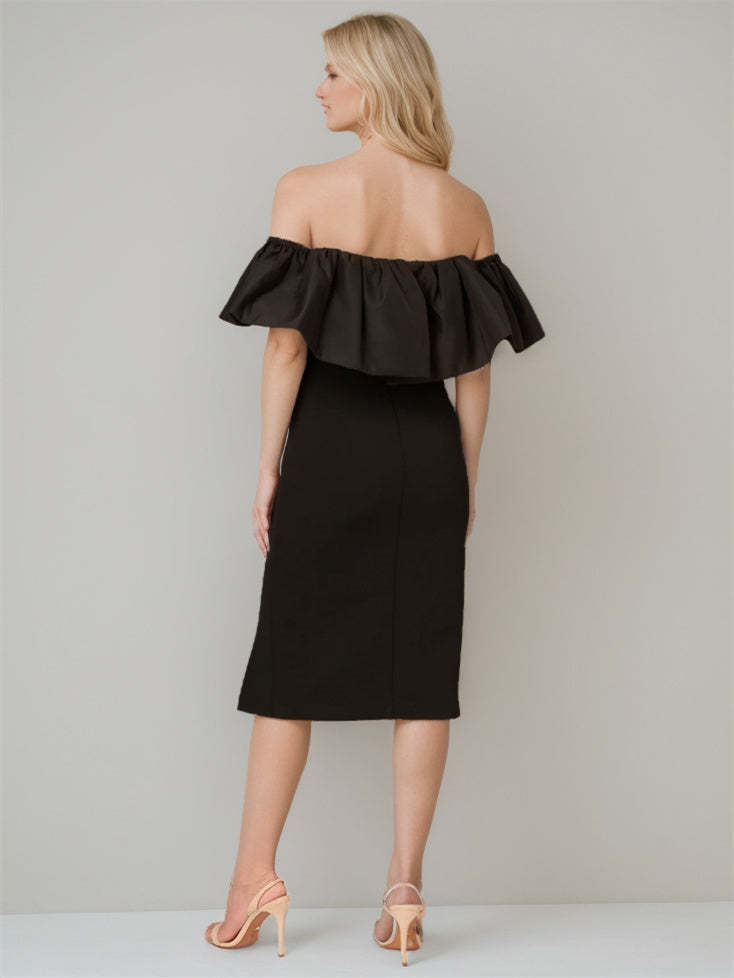 Pure Color Off-the-Shoulder Tea-Length Wedding Dress with Sheath/Column Silhouette