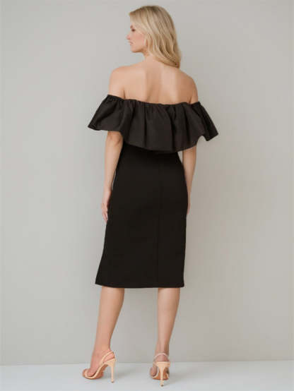 Pure Color Off-the-Shoulder Tea-Length Wedding Dress with Sheath/Column Silhouette