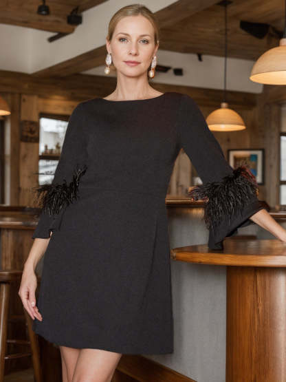 Mini Wedding Dress with Sash Featuring Sheath/Column Scoop Long Sleeves