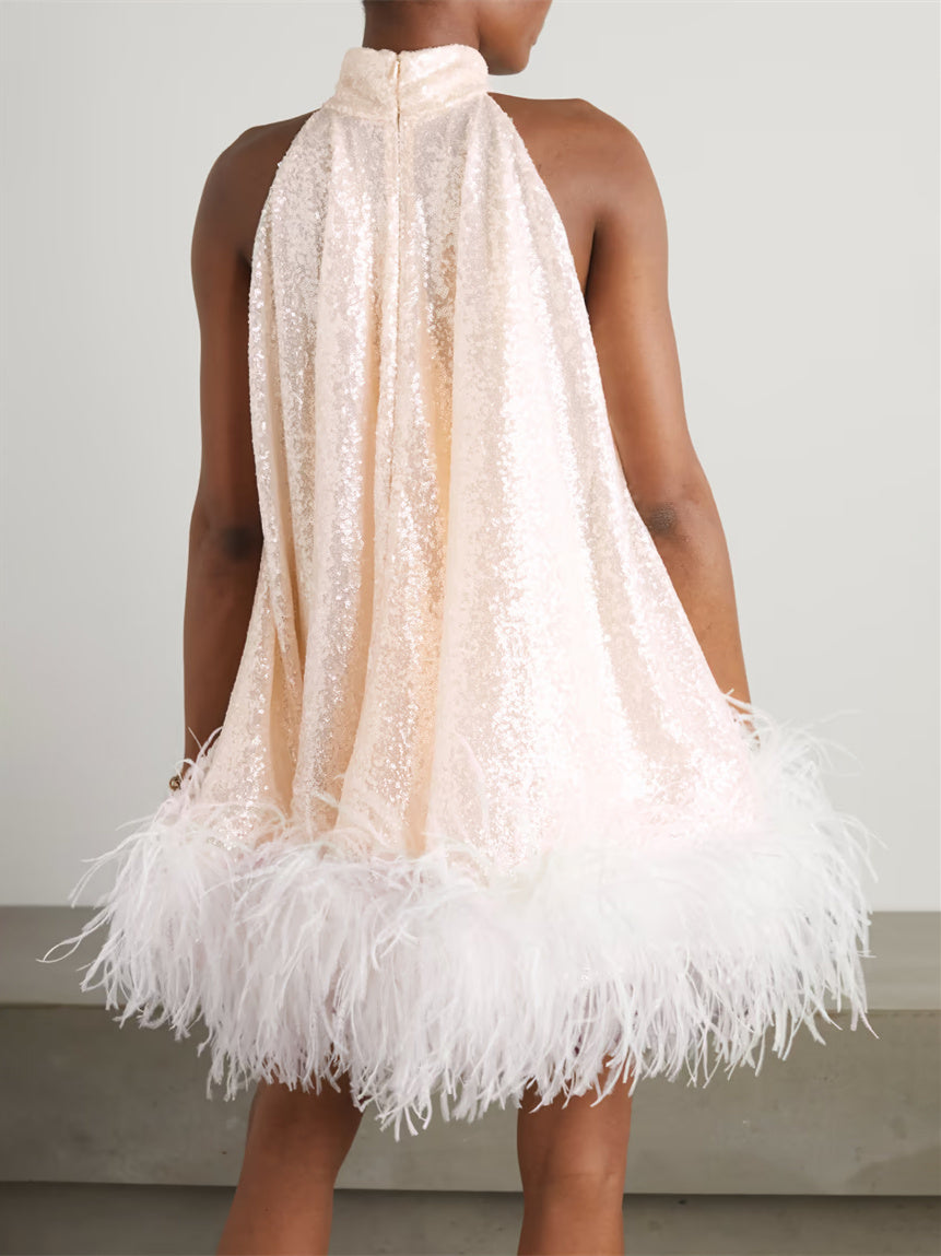 Princess A-Line Sleeveless Mini Wedding Dress with Sequins and High Neck