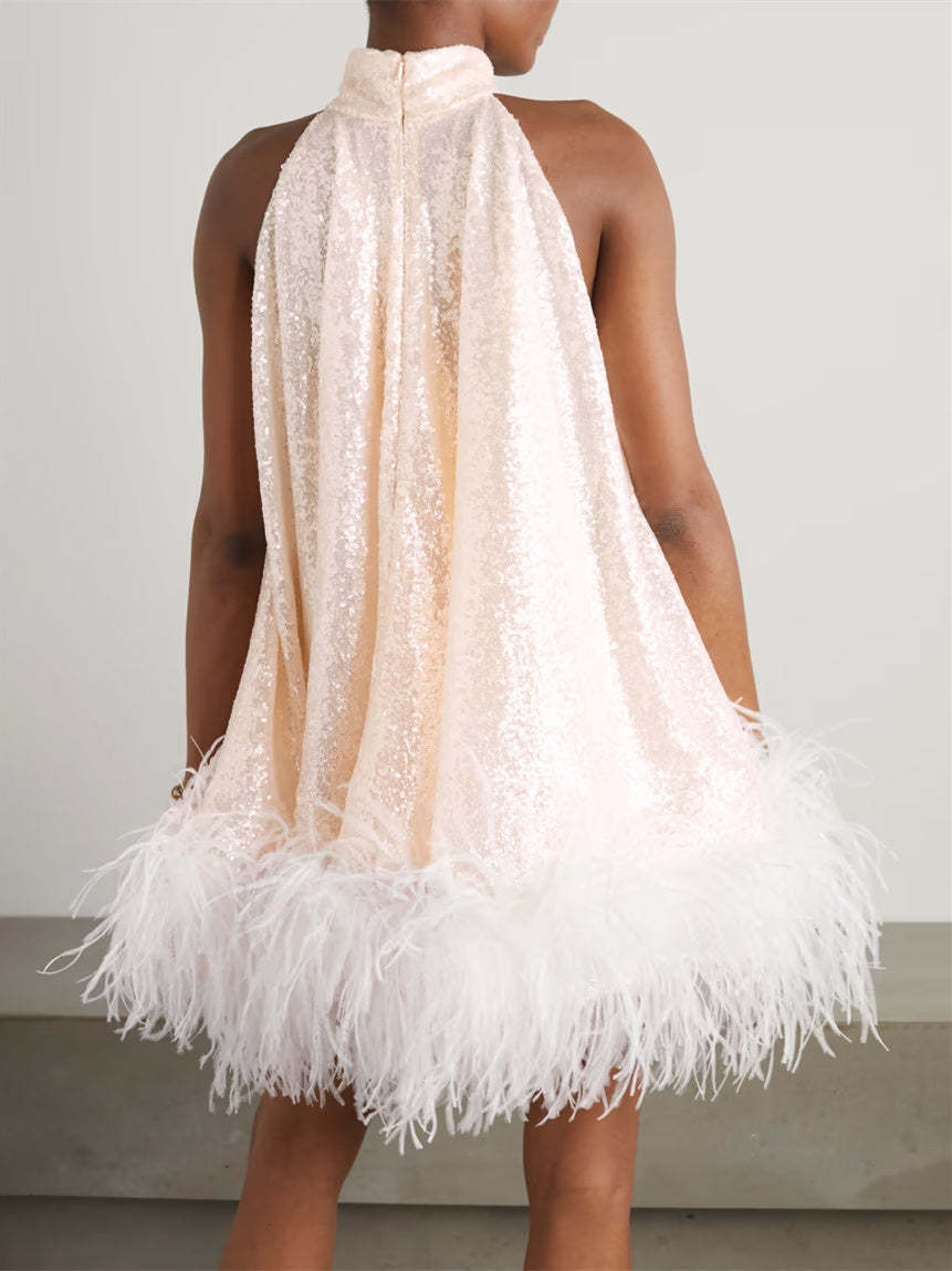 Princess A-Line Sleeveless Mini Wedding Dress with Sequins and High Neck