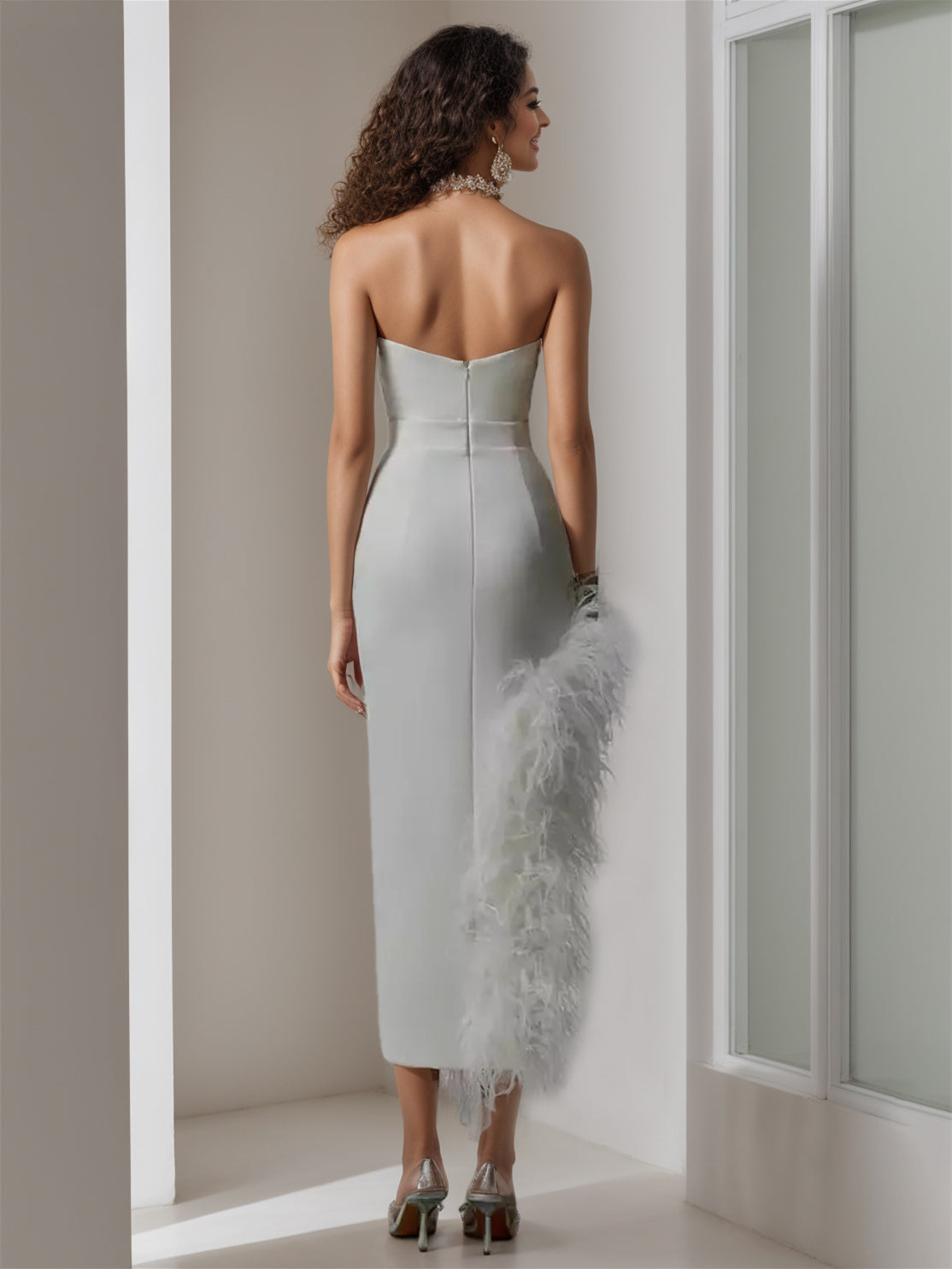 Off-the-Shoulder Pure Color Asymmetrical Sleeveless Wedding Gown with Sheath/Column Silhouette