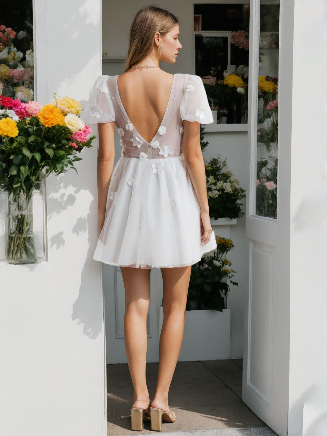 Short Sleeve V-Neck Ball Gown with Floral Design for Weddings