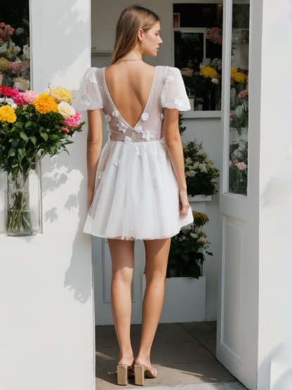 Short Sleeve V-Neck Ball Gown with Floral Design for Weddings