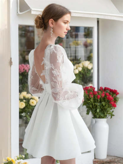 V-Neck A-Line Mini Wedding Dress with Long Sleeves and Lace Details