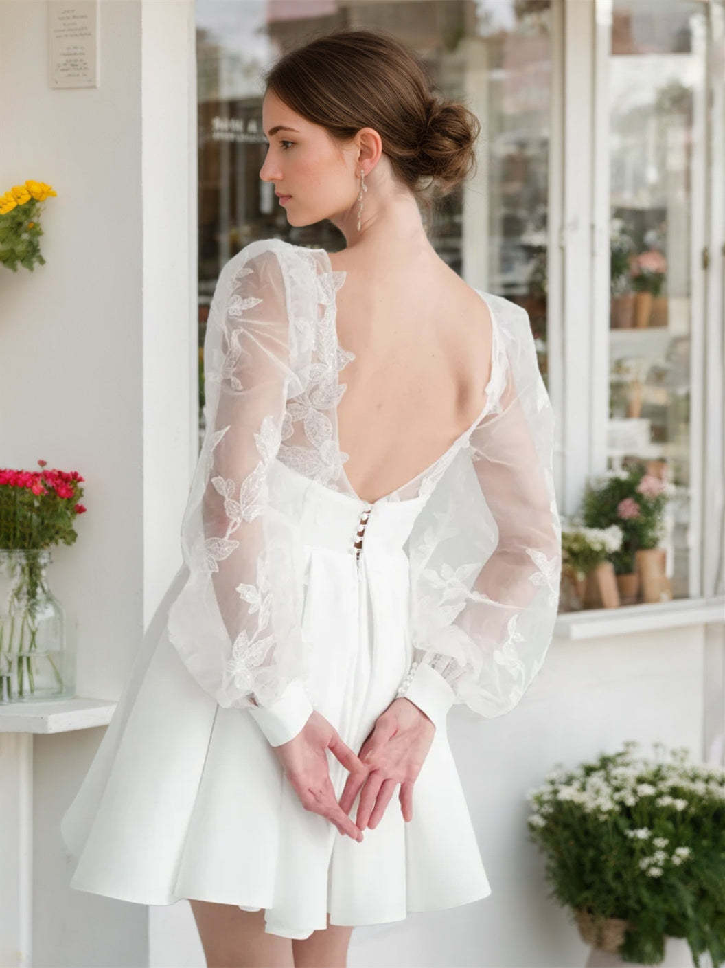 V-Neck A-Line Mini Wedding Dress with Long Sleeves and Lace Details