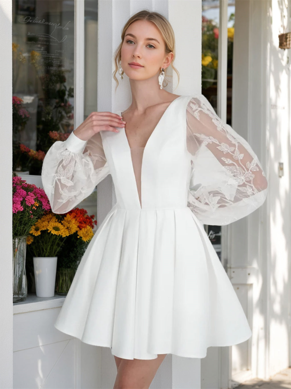 V-Neck A-Line Mini Wedding Dress with Long Sleeves and Lace Details