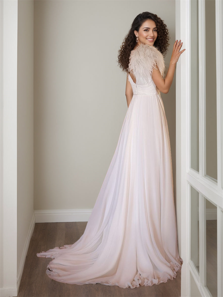 V-Neck Sleeveless A-Line Princess Wedding Dress with Side Split and Floor-Length Hem
