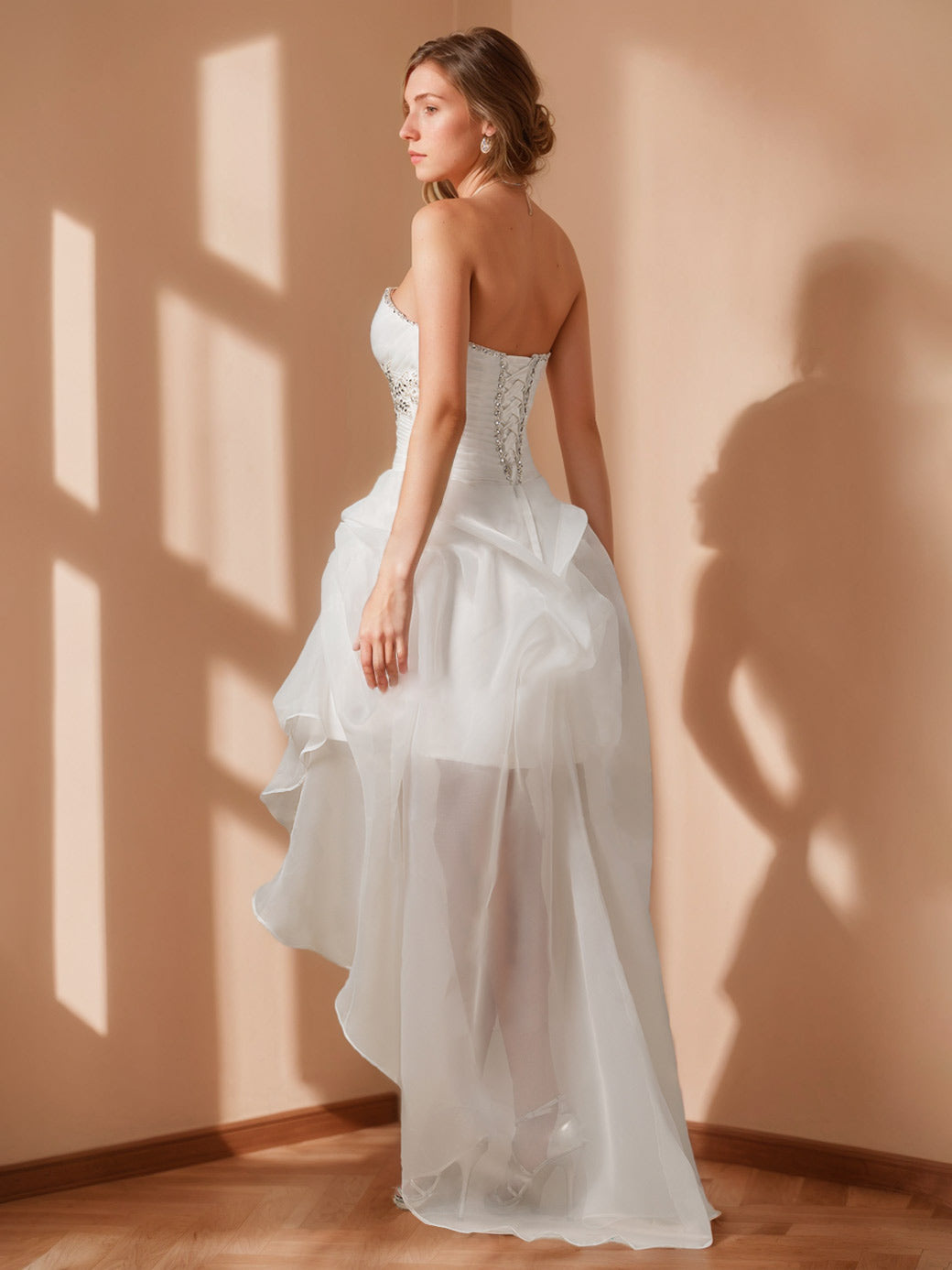 Asymmetrical Strapless A-Line Princess Wedding Dress with Lace and Beading