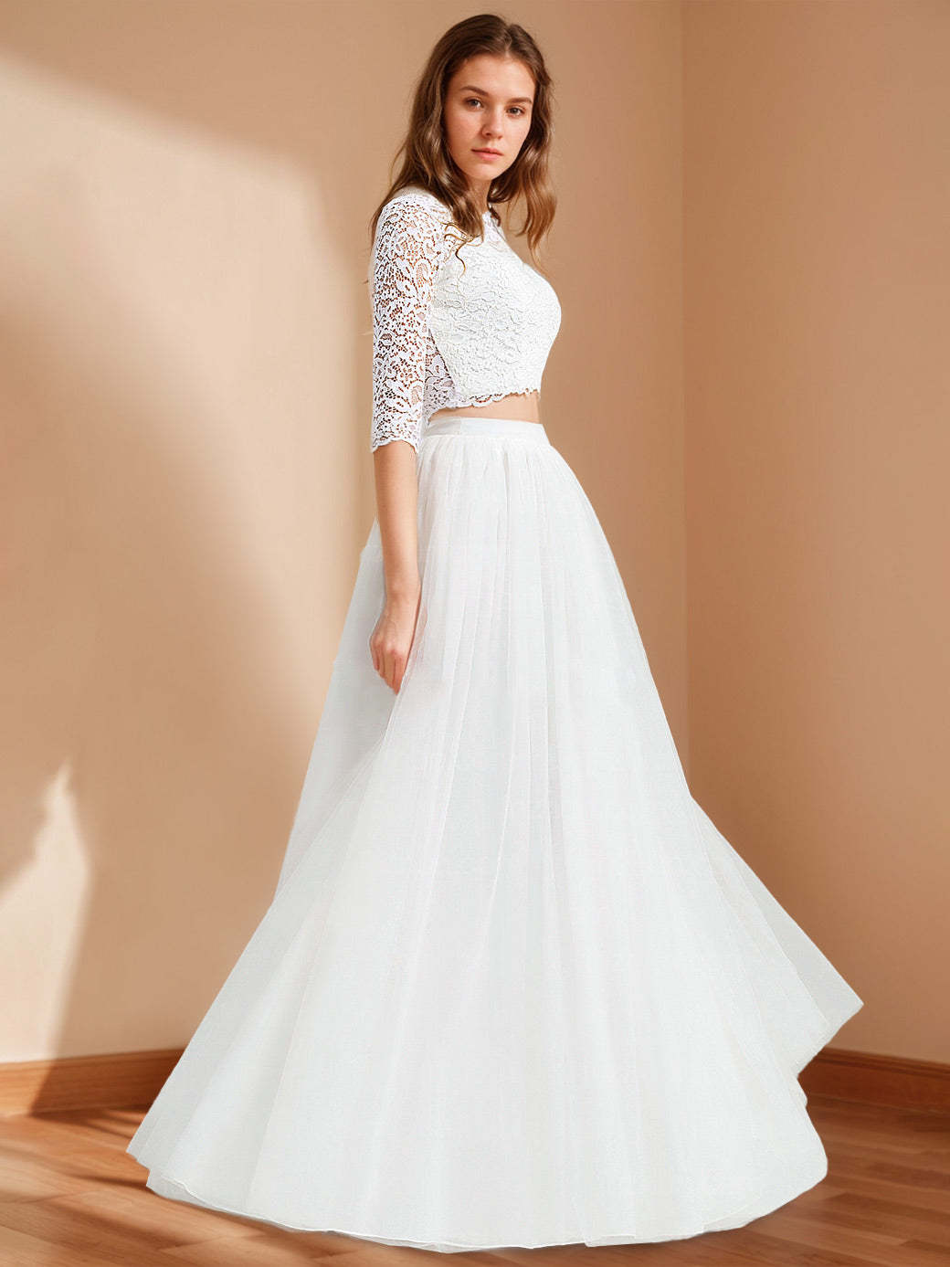 2 Floor-Length Scoop Neck Wedding Dresses with Half Sleeves, Appliques, and Lace