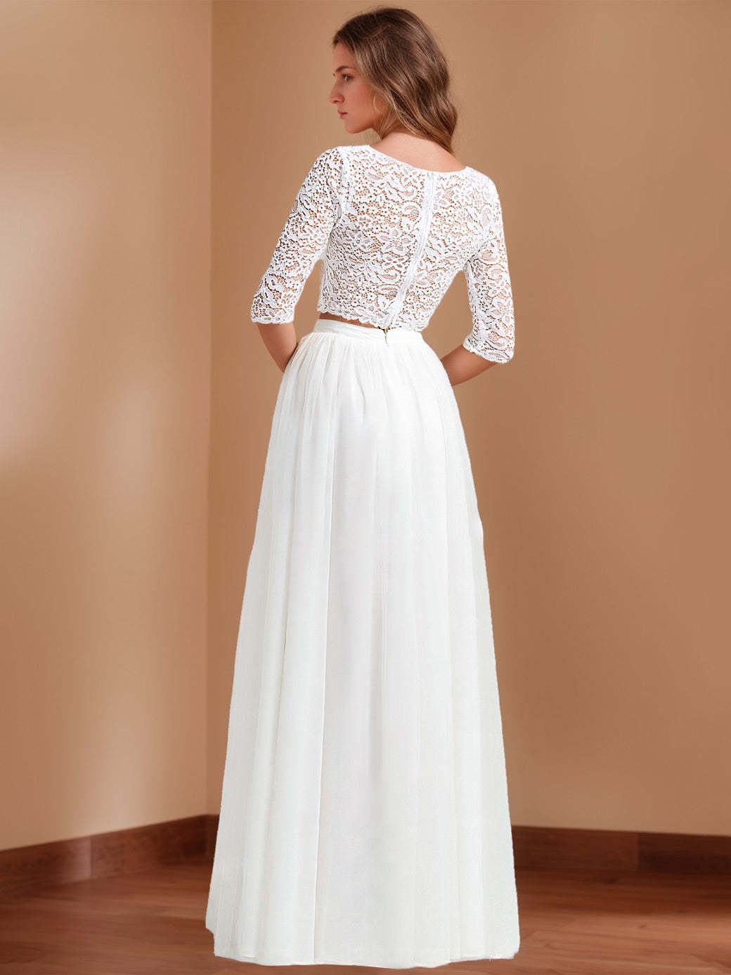 2 Floor-Length Scoop Neck Wedding Dresses with Half Sleeves, Appliques, and Lace