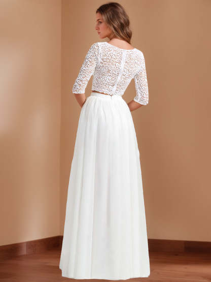 2 Floor-Length Scoop Neck Wedding Dresses with Half Sleeves, Appliques, and Lace