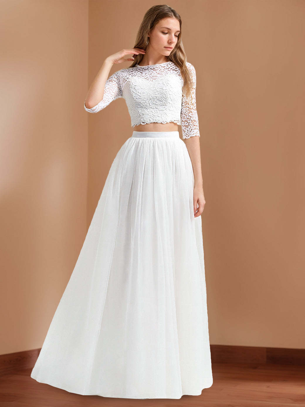 2 Floor-Length Scoop Neck Wedding Dresses with Half Sleeves, Appliques, and Lace