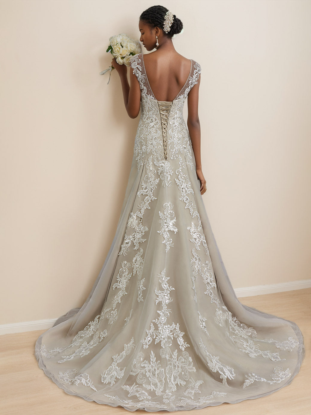 V-Neck Sleeveless A-Line Princess Wedding Dress with Beading, Floor-Length