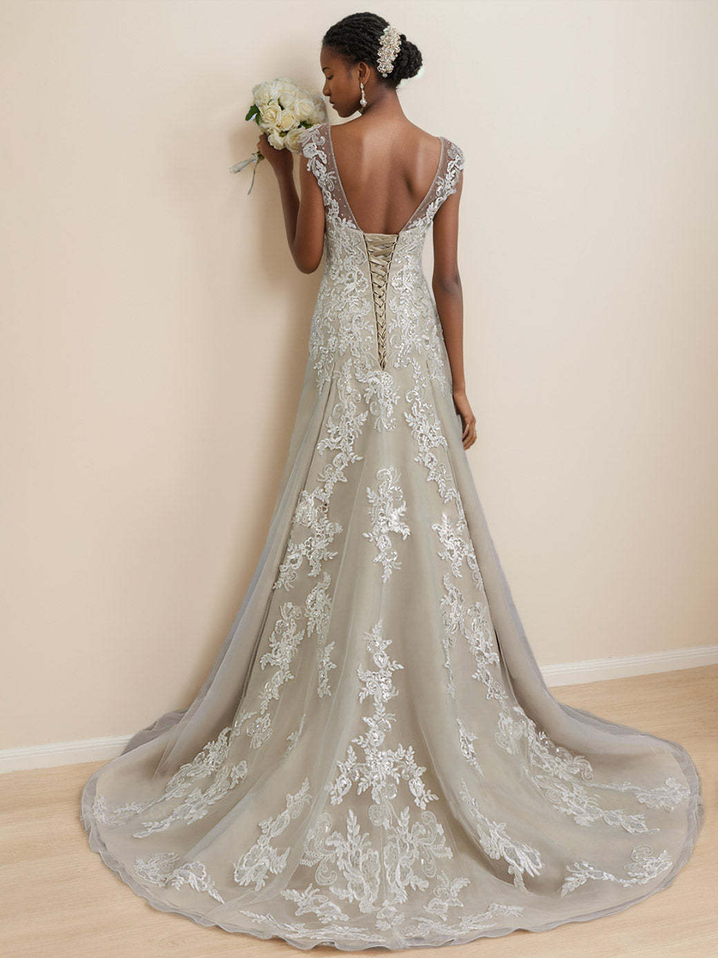 V-Neck Sleeveless A-Line Princess Wedding Dress with Beading, Floor-Length
