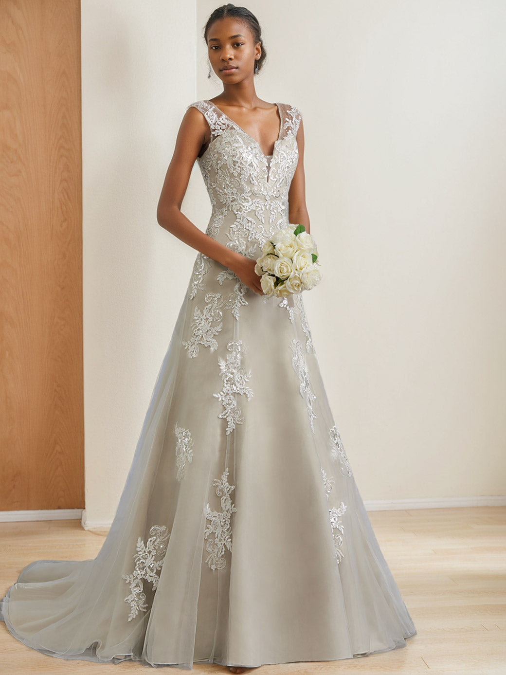 V-Neck Sleeveless A-Line Princess Wedding Dress with Beading, Floor-Length
