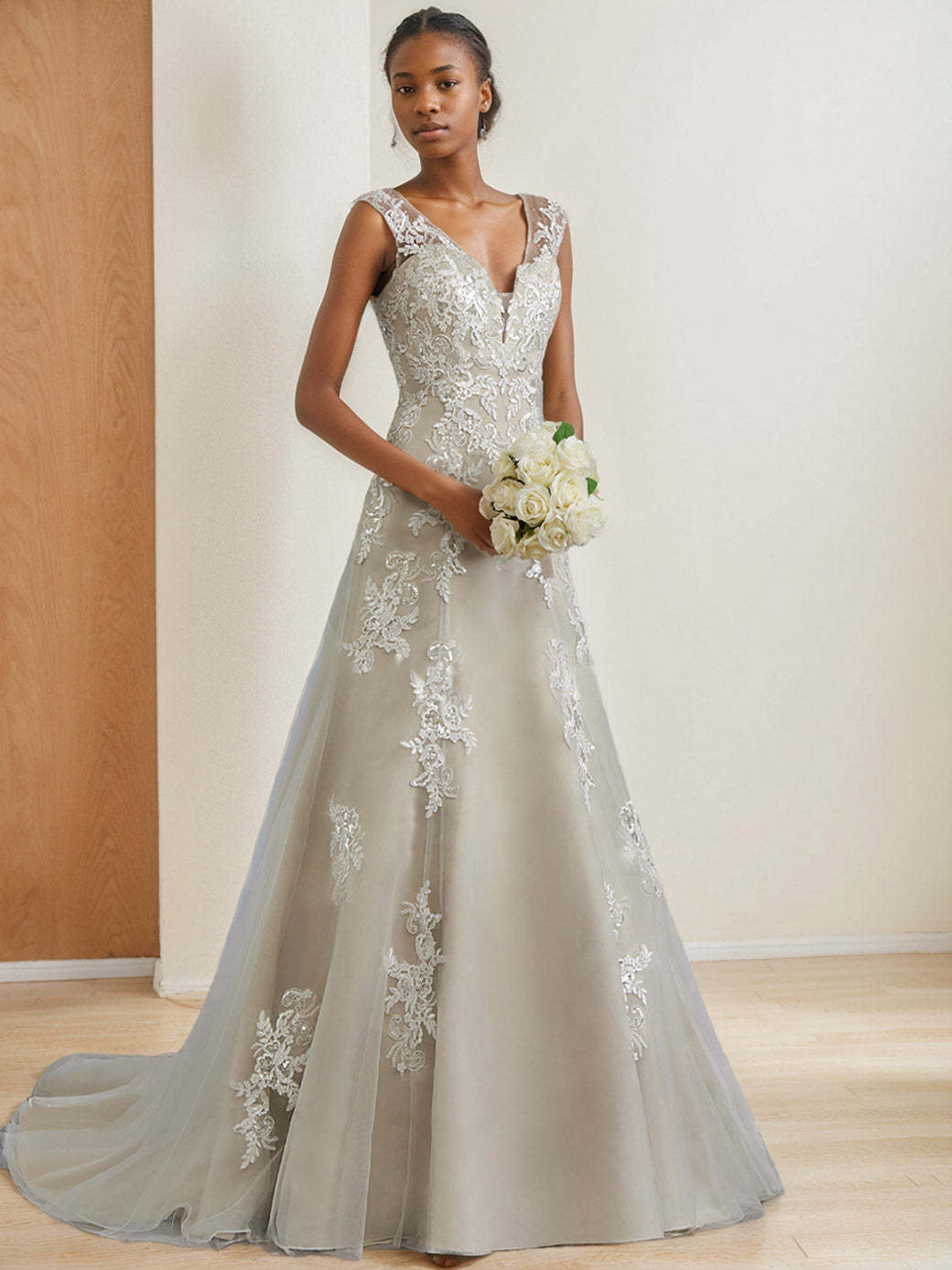 V-Neck Sleeveless A-Line Princess Wedding Dress with Beading, Floor-Length