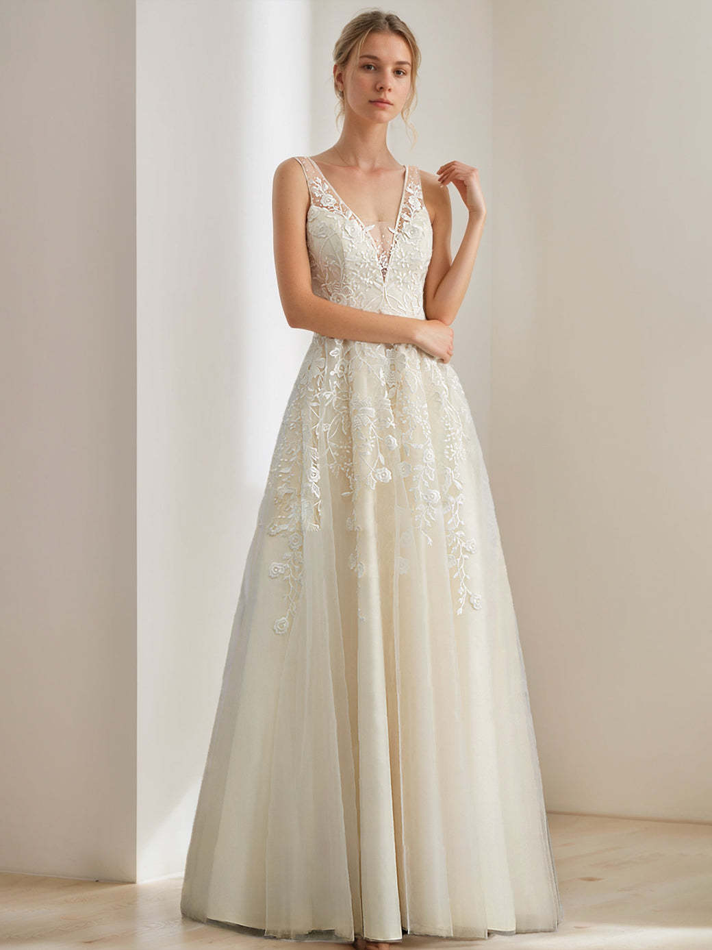 Princess A-Line Sleeveless Floor-Length Wedding Dress with Deep V-Neck and Appliques