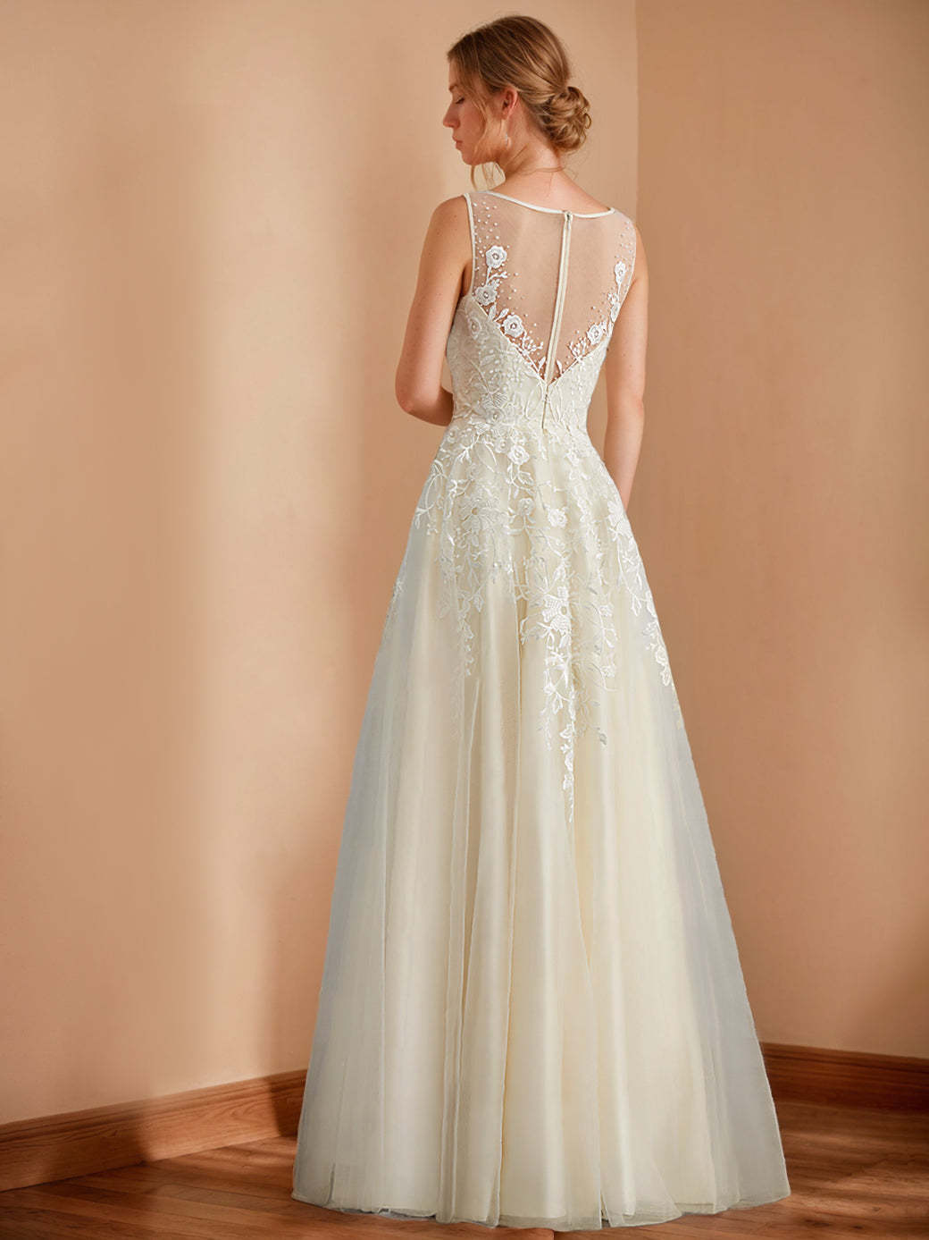 Princess A-Line Sleeveless Floor-Length Wedding Dress with Deep V-Neck and Appliques
