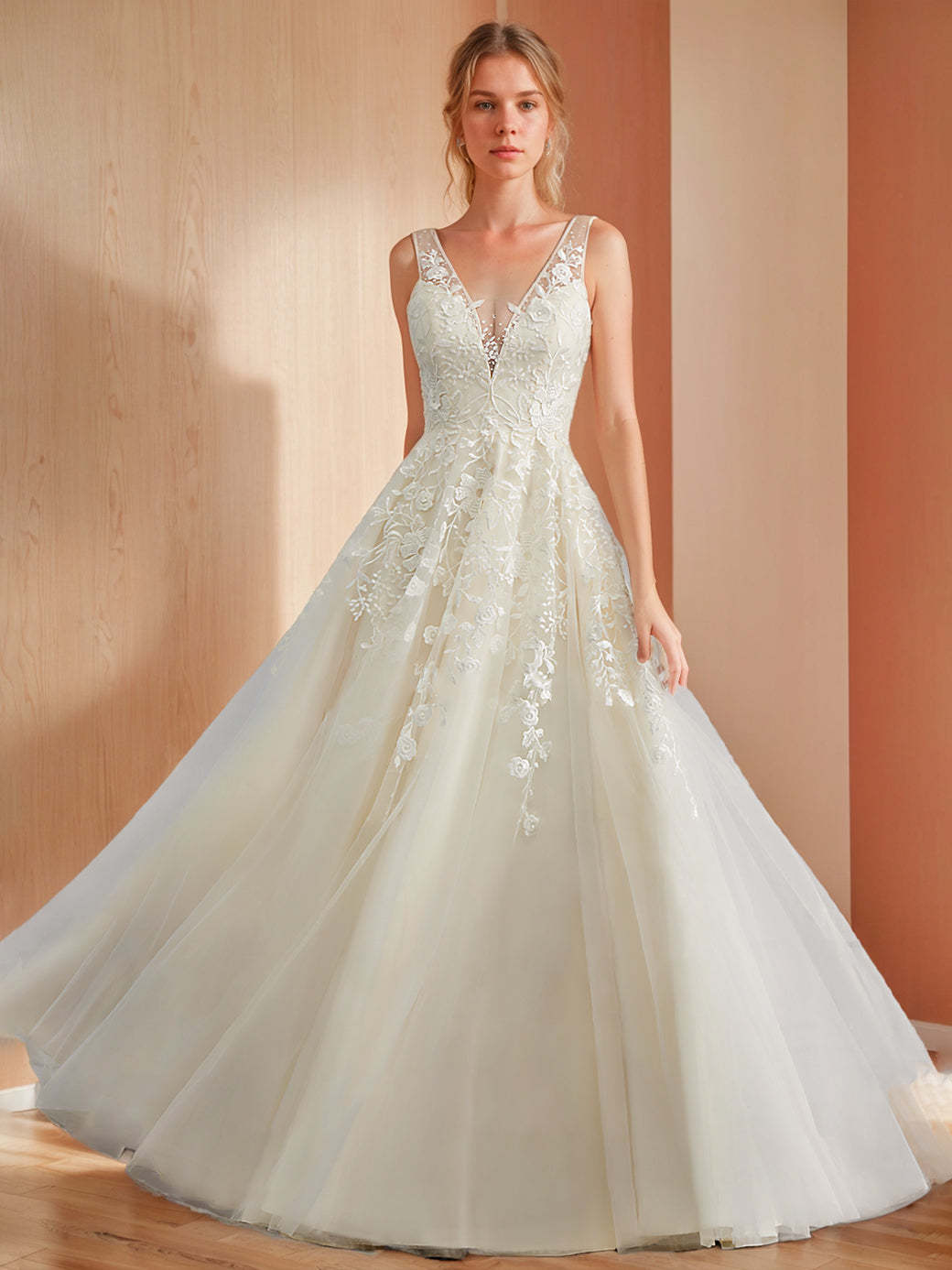 Princess A-Line Sleeveless Floor-Length Wedding Dress with Deep V-Neck and Appliques