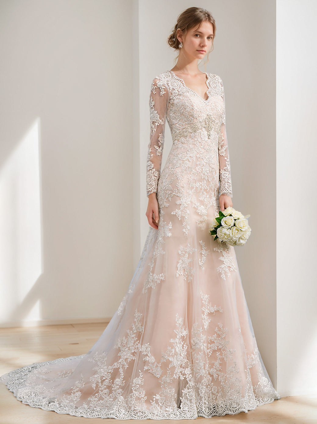 Floor-Length Princess A-Line Wedding Dress with Long Sleeves and Appliques