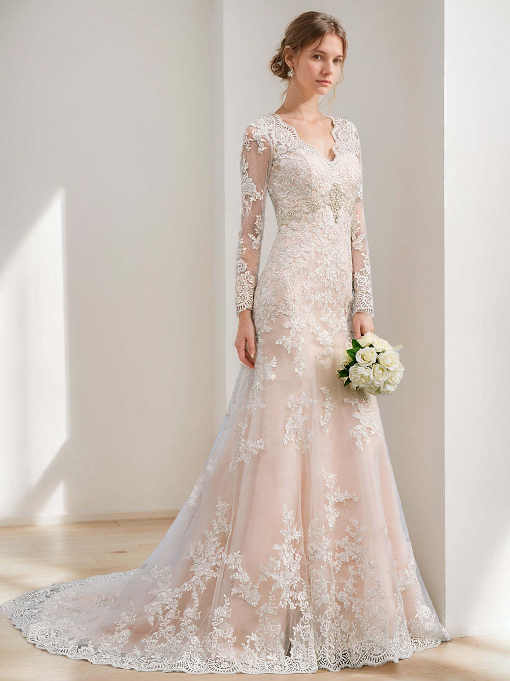 Floor-Length Princess A-Line Wedding Dress with Long Sleeves and Appliques