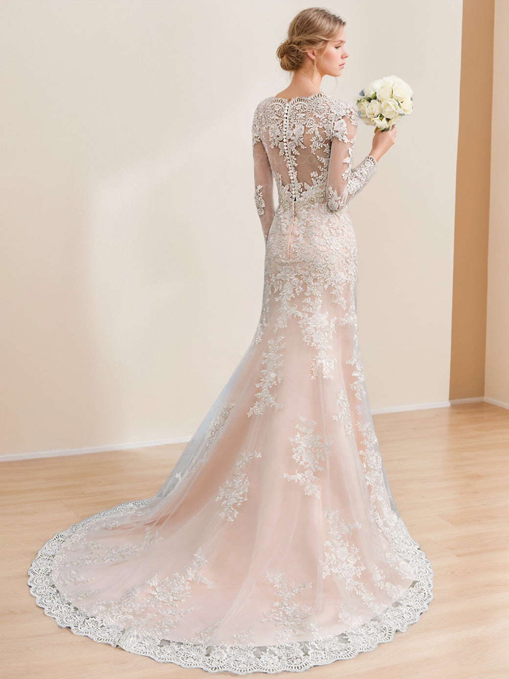 Floor-Length Princess A-Line Wedding Dress with Long Sleeves and Appliques