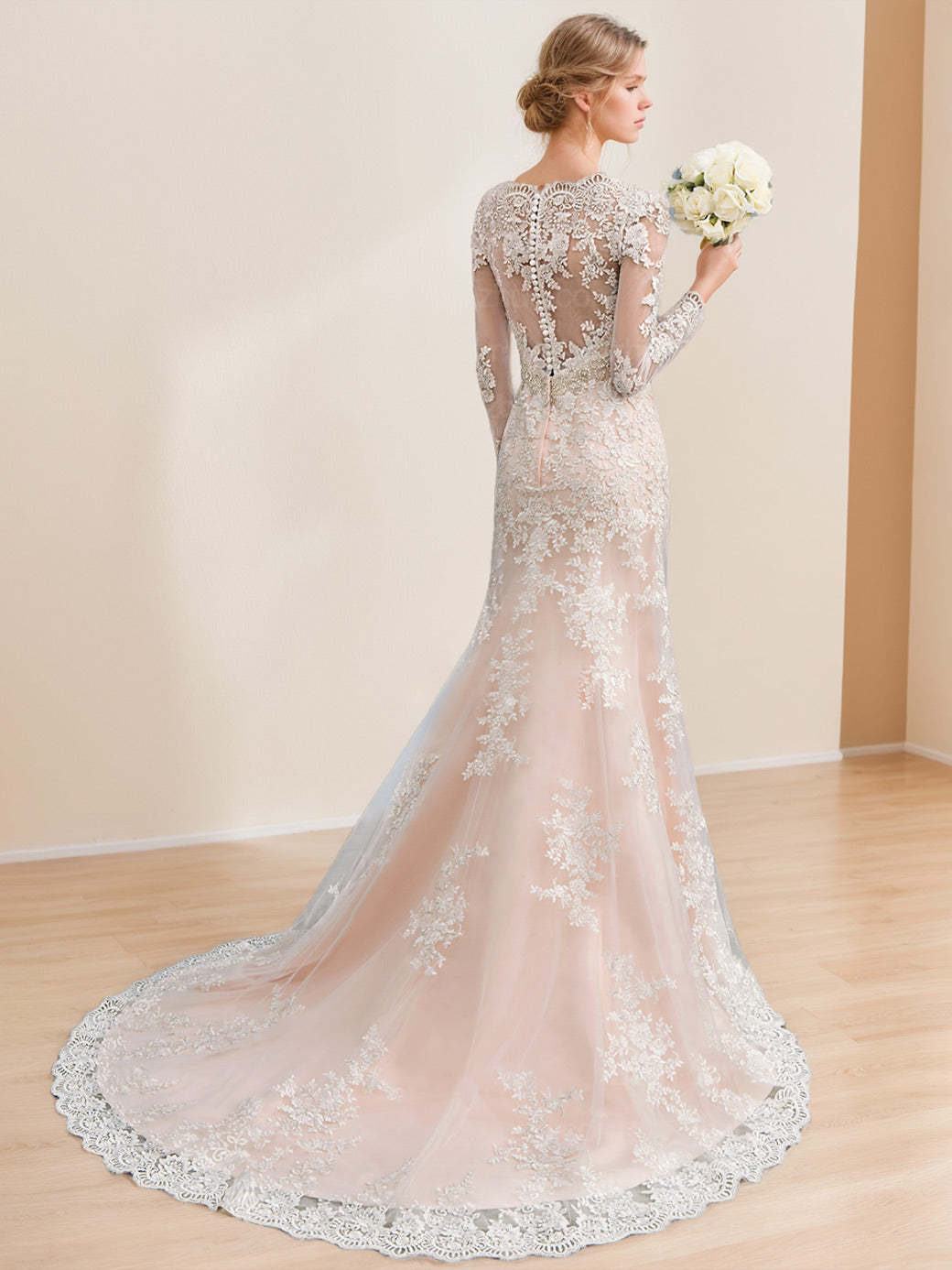 Floor-Length Princess A-Line Wedding Dress with Long Sleeves and Appliques