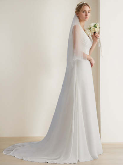 V-Neck Sleeveless A-Line Princess Floor-Length Tulle Wedding Dress with Ruffles