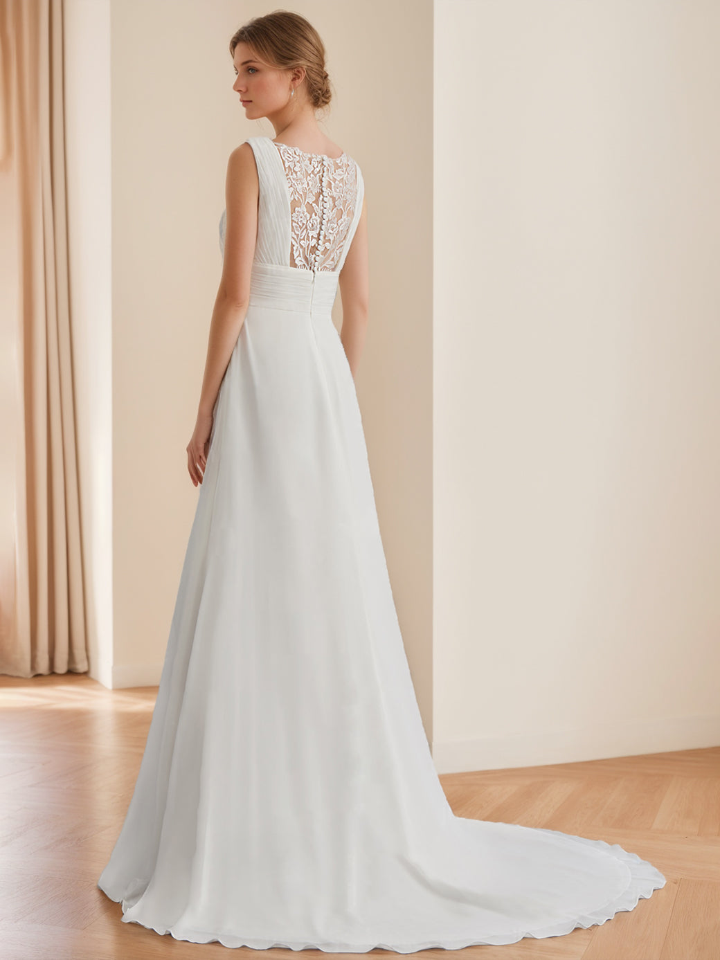 V-Neck Sleeveless A-Line Princess Floor-Length Tulle Wedding Dress with Ruffles