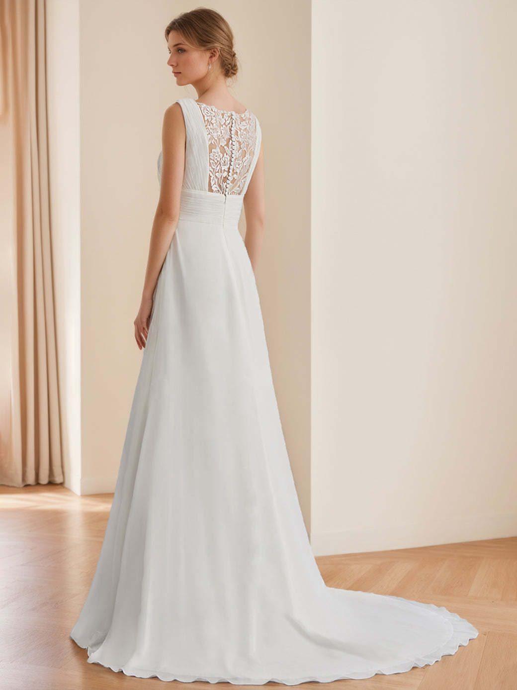 V-Neck Sleeveless A-Line Princess Floor-Length Tulle Wedding Dress with Ruffles