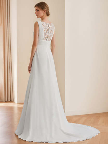 V-Neck Sleeveless A-Line Princess Floor-Length Tulle Wedding Dress with Ruffles
