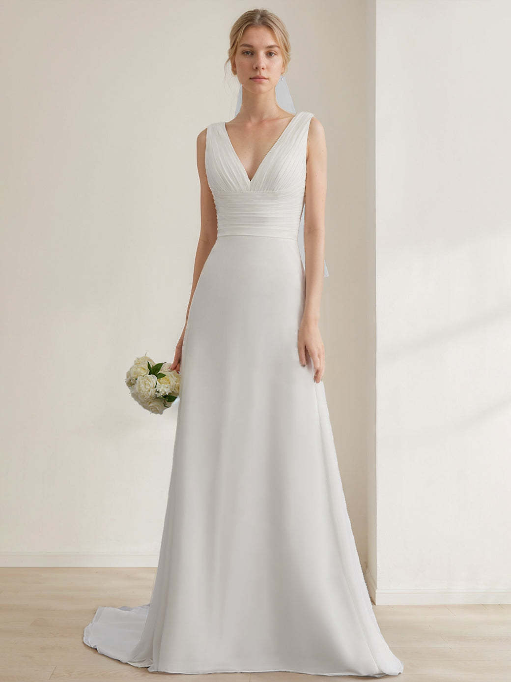V-Neck Sleeveless A-Line Princess Floor-Length Tulle Wedding Dress with Ruffles
