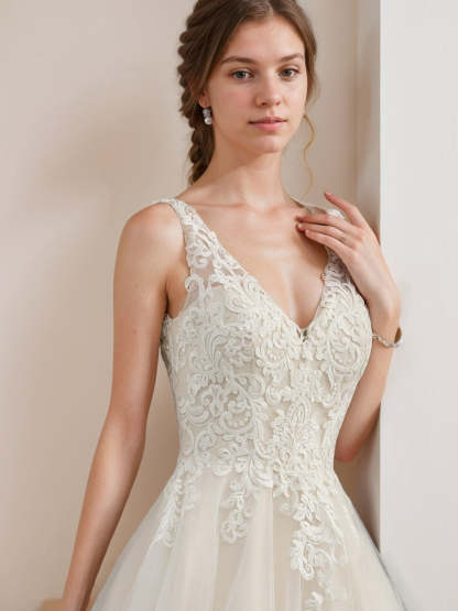 Unique Floor-Length Sleeveless Wedding Dress with Deep V-Neck in A-Line/Princess Style, Featuring Appliques & Lace-BMbridal.UK