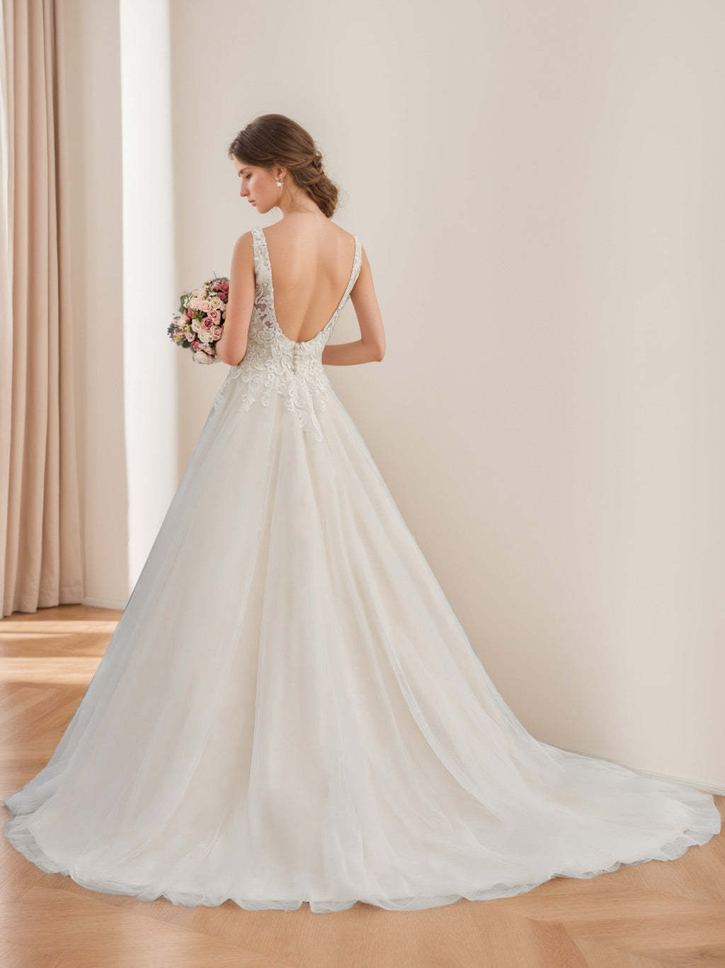 Unique Floor-Length Sleeveless Wedding Dress with Deep V-Neck in A-Line/Princess Style, Featuring Appliques & Lace-BMbridal.UK