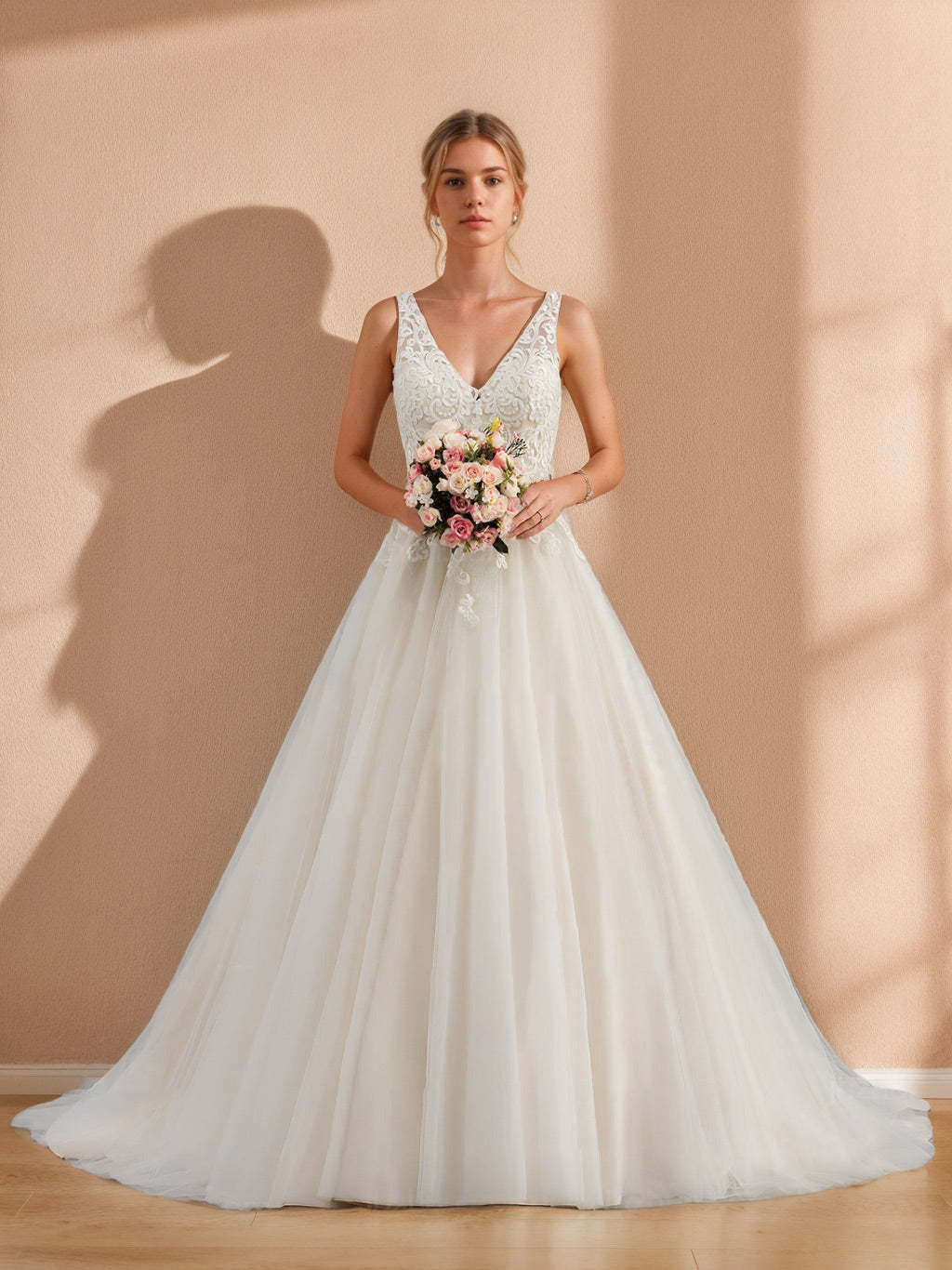 Unique Floor-Length Sleeveless Wedding Dress with Deep V-Neck in A-Line/Princess Style, Featuring Appliques & Lace-BMbridal.UK