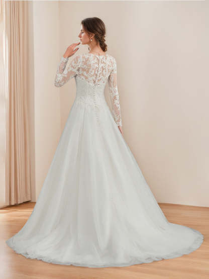 Princess A-Line Floor-Length Lace Wedding Dress with Scoop Neck and Long Sleeves