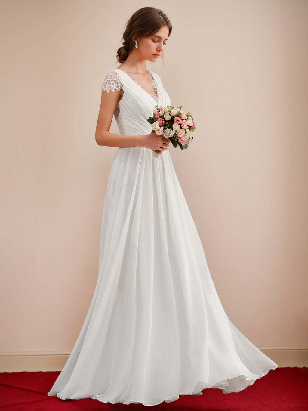 Princess A-Line V-Neck Floor-length Lace Wedding Dress with Short Sleeves and Ruffles