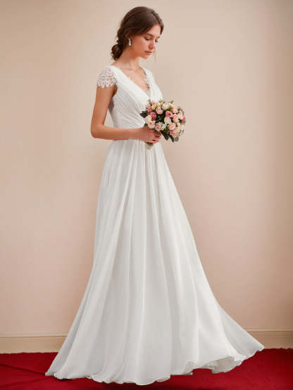 Princess A-Line V-Neck Floor-length Lace Wedding Dress with Short Sleeves and Ruffles