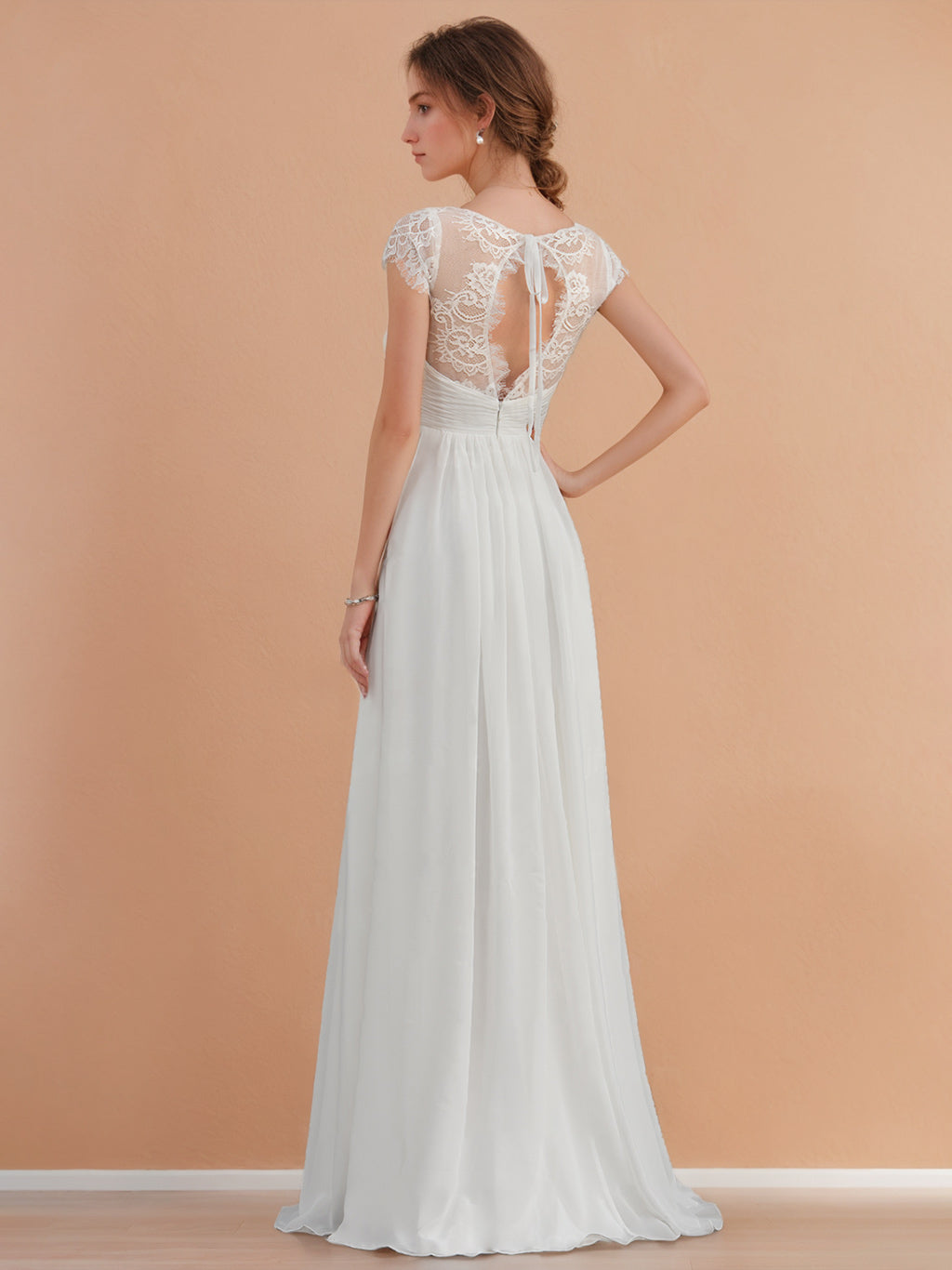 Princess A-Line V-Neck Floor-length Lace Wedding Dress with Short Sleeves and Ruffles