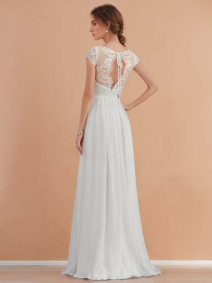 Princess A-Line V-Neck Floor-length Lace Wedding Dress with Short Sleeves and Ruffles