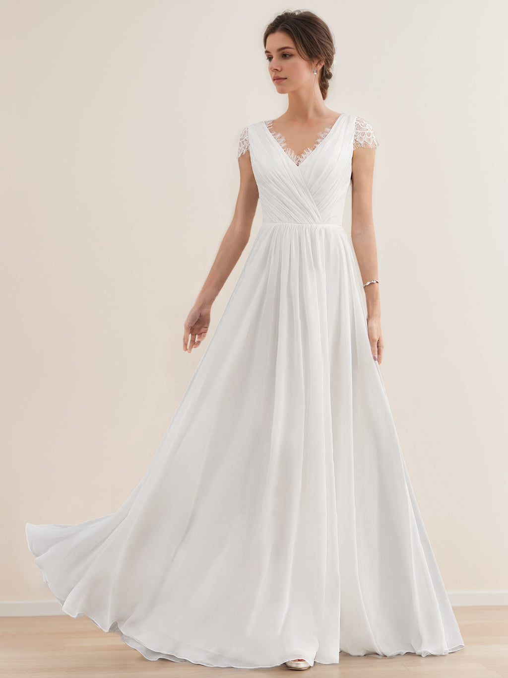 Princess A-Line V-Neck Floor-length Lace Wedding Dress with Short Sleeves and Ruffles