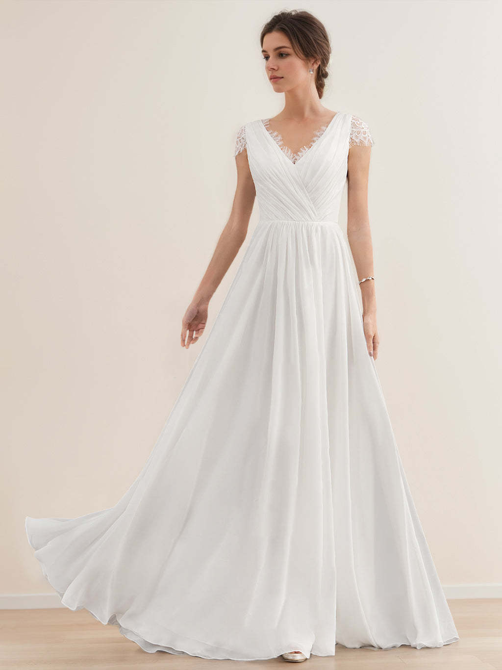 Princess A-Line V-Neck Floor-length Lace Wedding Dress with Short Sleeves and Ruffles