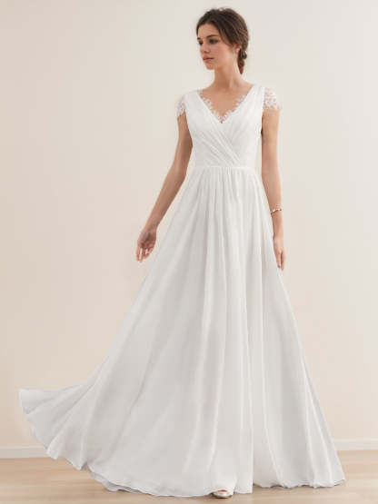 Princess A-Line V-Neck Floor-length Lace Wedding Dress with Short Sleeves and Ruffles
