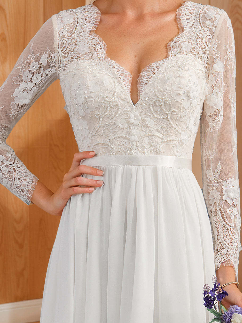 V-Neck A-Line Princess Wedding Dress with Long Sleeves, Floor-Length Lace and Appliques