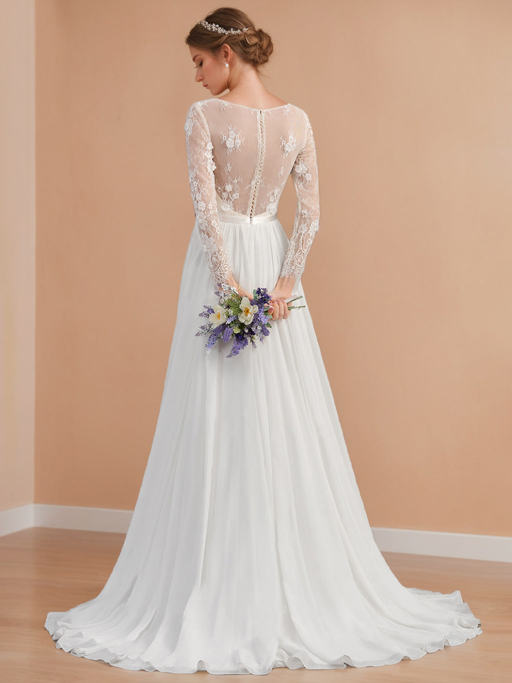 V-Neck A-Line Princess Wedding Dress with Long Sleeves, Floor-Length Lace and Appliques